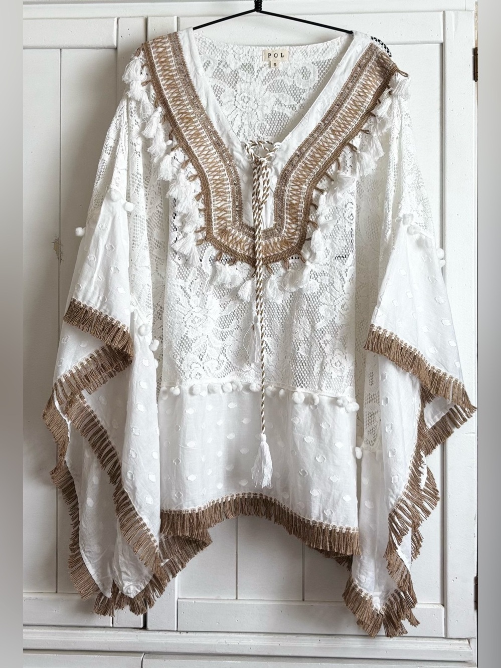 POL Boho Crochet Lace Tassel Poncho Tunic Cover Up New Size Small/ Medium - Picture 6 of 13